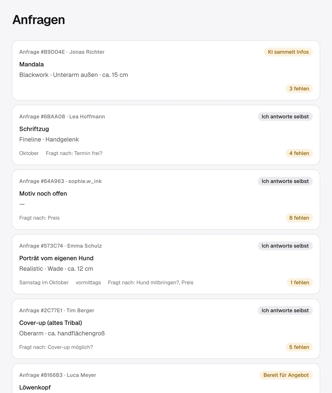 Anfragenliste mit Status je Anfrage